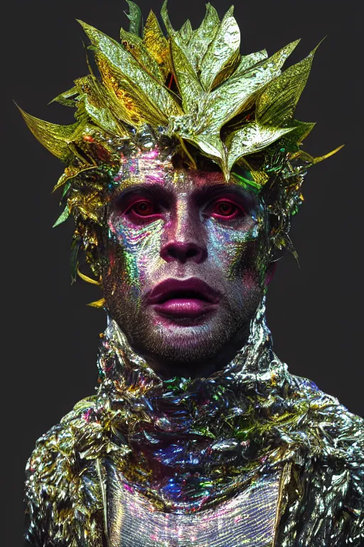 Image similar to hyper detailed ultra sharp portrait of baroque and bladerunner delicate neon ruby sculpture of seductive albino william levy gorilla green radioactive humanoid deity wearing metallic hoody made out of leaves holding the sun prismatic dungeon, glowing rainbow face, crown of white diamonds, cinematic lighting, photorealistic, octane render 8 k depth of field 3 d