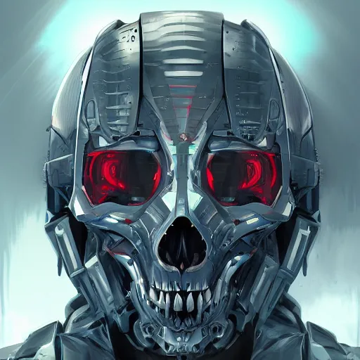 Image similar to portrait of a mecha skull ronin, 8k, hyperdetailed, digital painting, futuristic, trending on CG society