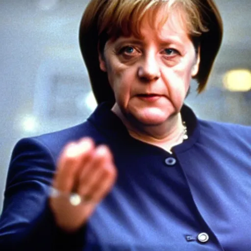 Image similar to Angela Merkel as Neo or Morpheus, in the movie The matrix, 1999. Cinematic. Movie footage.