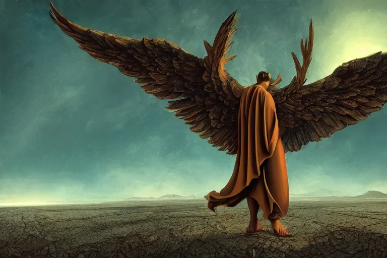 Image similar to Sacred appearance of a winged angel in the middle of a tortured and desolate landscape with a light and calm sky, by Kilian Eng, Kris Kuksi, Johfra Bosschart