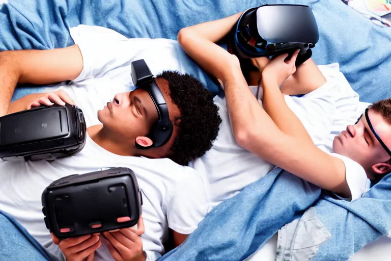 Image similar to An aerial stock photo of two teenage boys laying in bed, with a bunch of stuff, wearing a VR-headset, featured on flickr, cluttered room