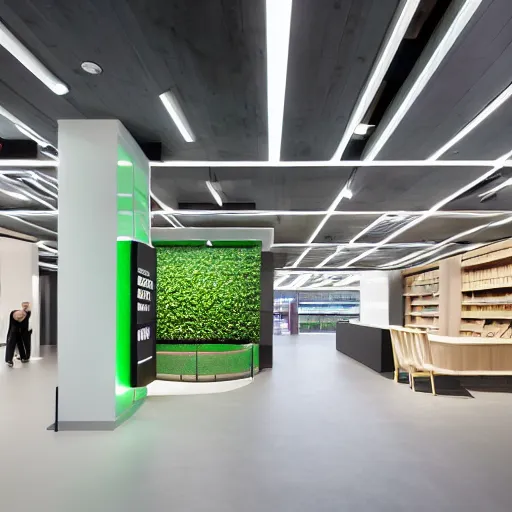 Prompt: interior photography of a Microsoft Samsung flagship store, black walls, portfolio, balanced, wood, eye-catching, polished concrete, spotlights, verdant plant wall, white neon, award winning interior design, patterns, retaildesignblog, dezeen, 14mm, 8k, cinestill, pentax, film