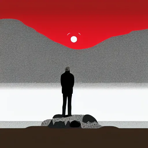 Image similar to man standing up in the mountains, album cover design illustration digital art