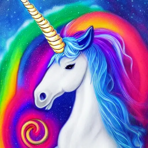 Image similar to luminescent detailed airbrush painting of magical white unicorn with long flowing rainbow colored mane