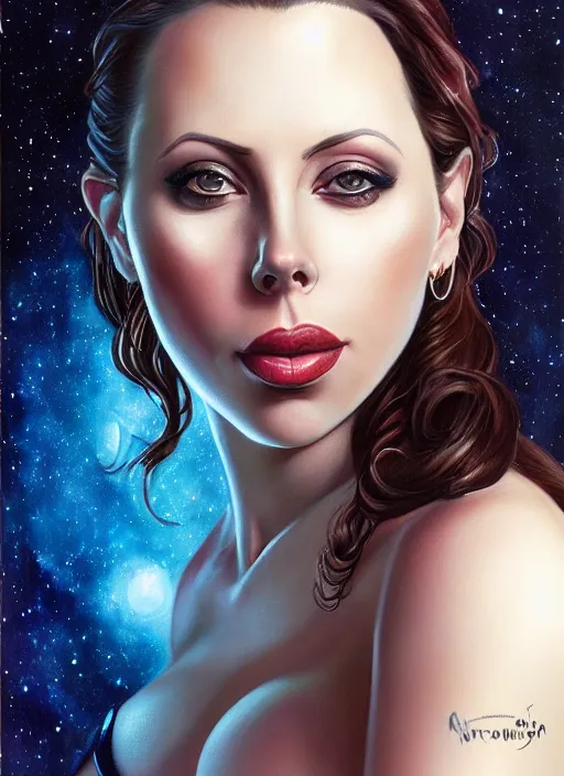 Image similar to beautiful portrait of gianna michaels and the background has a deep space painting by magali villeneuve, intricate, elegant, highly detailed, photorealistic, trending on artstation, trending on cgsociety