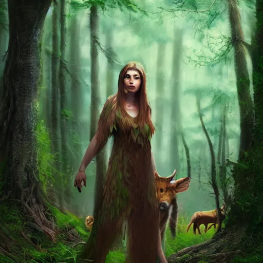 Image similar to a female woodland druid surrounded by forest animals, in the woods, hyper realistic, digital painting, photorealistic, in the style of greg rutkowski, detailed