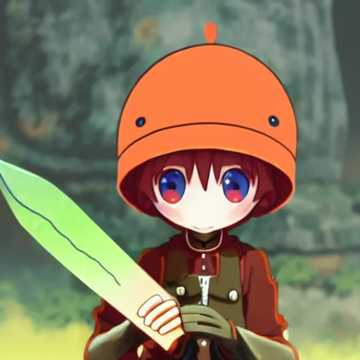 Image similar to cute android humanoid with big tomato hat and a carrot sword, made in abyss style