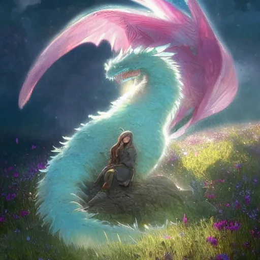 Prompt: beautiful digital fantasy illustration of a closeup adorable giant fluffy feathered sparkling pearlescent pastel dragon! sitting alone in a flower meadow, concept art by greg rutkowski, anato finnstark, and rebecca guay, highly detailed, soft lighting, rendered in octane