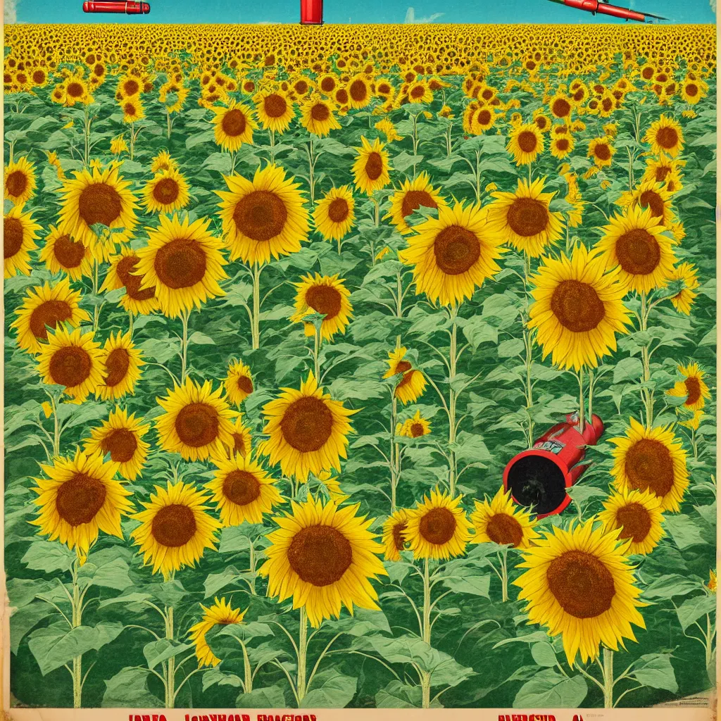 Image similar to A Communist Propaganda Poster of a sunflower field with a large missile in the center of the image.