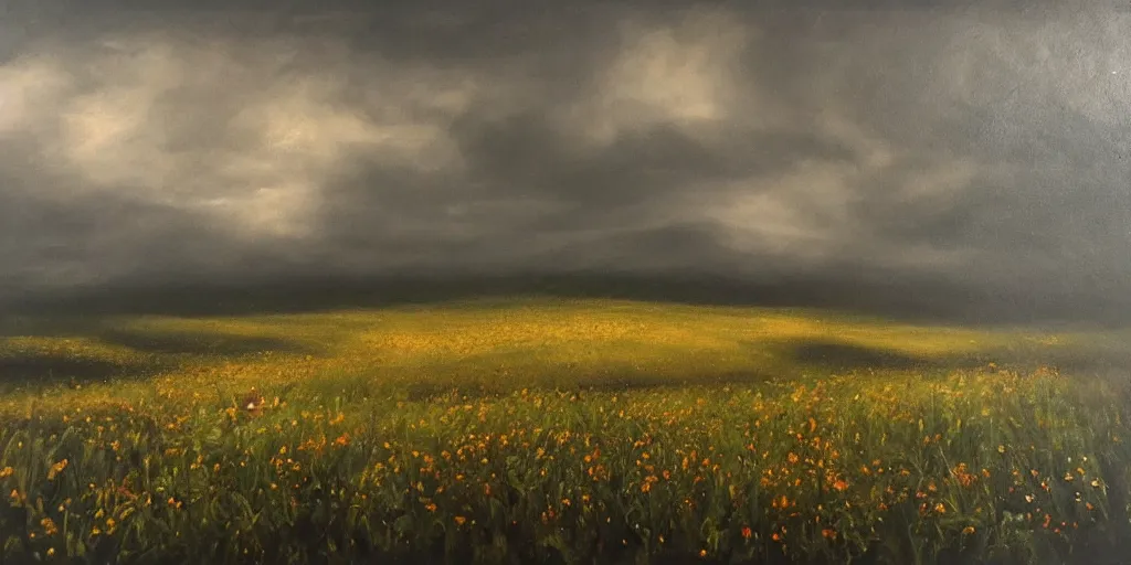 Image similar to a dark oil painting of a beautiful meadow; masterpiece; extremely-detailed; by Carravaggio