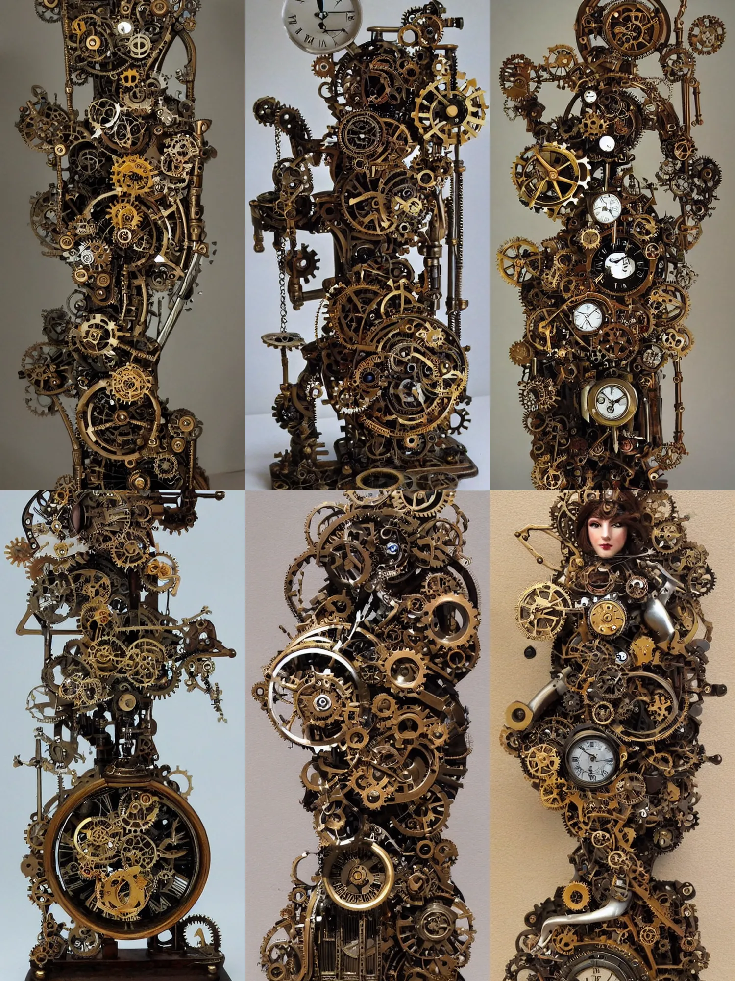 Prompt: steampunk mechanical goddess, holding a complex mechanical clock device, fantasy art sculpture,