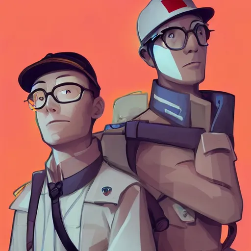 Prompt: Team Fortress 2 Scout and Medic by Feng Zhu and Loish and Laurie Greasley, Victo Ngai, Andreas Rocha, John Harris radiating a glowing aura