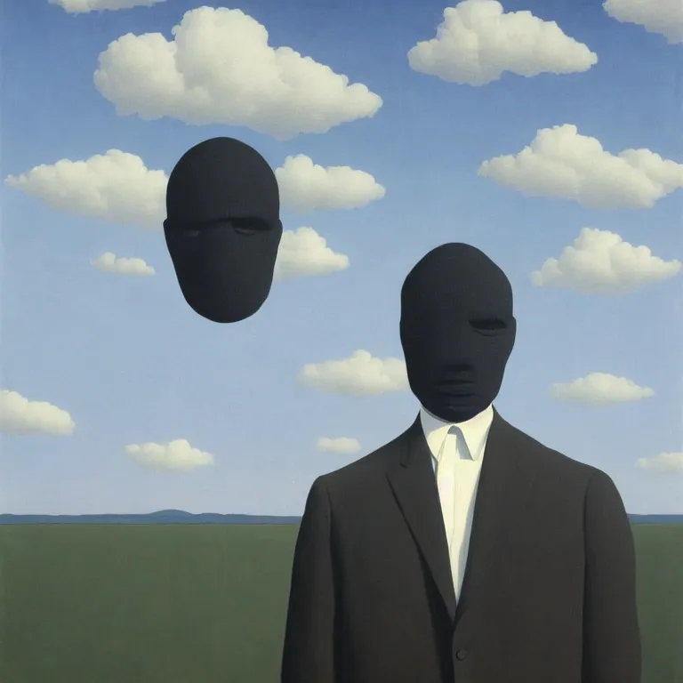 Image similar to portrait of a faceless shadow - head man in a suit, clouds in the background, by rene magritte, detailed painting, distance, centered, hd, hq, high resolution, high detail, 4 k, 8 k