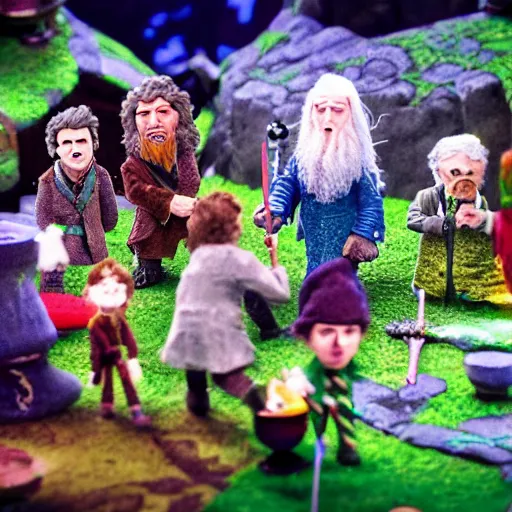 Image similar to claymation of bilbo's birthday party, gandalf, fireworks, frodo, pippin, merry, gritty, tilt shift, award winning, highly textured, very detailed