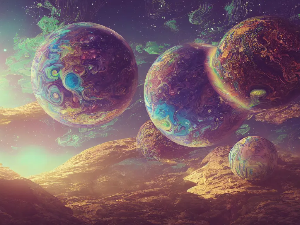 Prompt: dream of an intricate jupiter landscape with dichroic transparent colorful sphere levitating ior painting photography ultra realism full landscape polaroid photography syd mead style + insane detail + denoise + 8 k hyper realistic + octane render