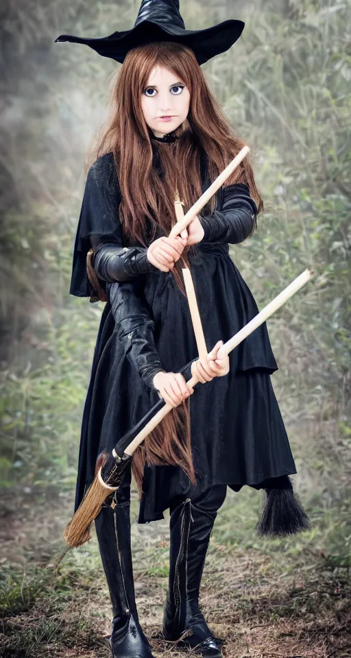 Image similar to young witch with magic wand and broom cosplay, she wears boots, full body shot, detailed face, photo taken by nikon, 4k, high quality, very detailed, intricant