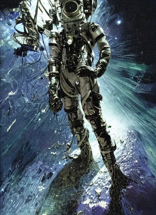 Image similar to astronauts in dark and empty void underwater - complex and hyperdetailed technical suit. reflection and dispersion materials. rays and dispersion of light. volumetric light. 5 0 mm, f / 3 2. noise film photo. flash photography. ultra realistic, wide angle. poster by wayne barlowe, hajime sorayama aaron horkey, craig mullins