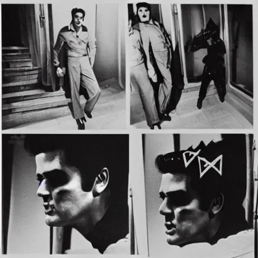 Prompt: Satanic States of America, alternate history, 1957, Elvis Presley, gothic Elvis, photograph, paparazzi photo