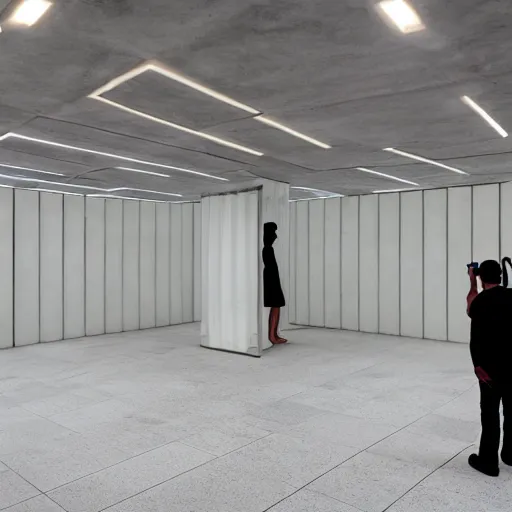 Prompt: a man taking a selfie in a large minimalistic concrete room. room contains upholstered sofas fluorescent ceiling lighting and a rectangular water feature in the center, a tilt shift photo by leandro erlich, featured on cg society, kitsch movement, hall of mirrors, high dynamic range, studio portrait