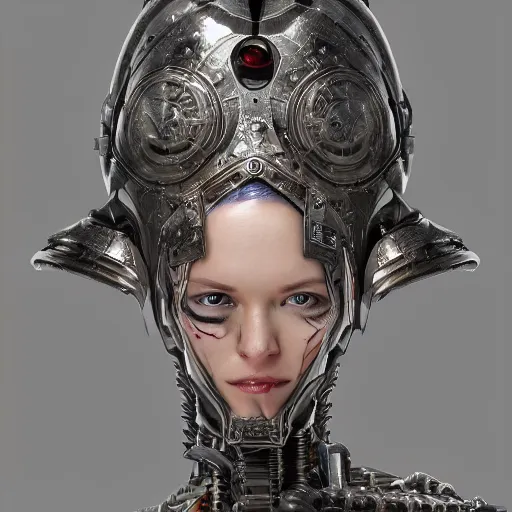 Prompt: mystical evil scifi cyborg android queen wearing a medieval helmet, covered in subsurface wax tendril leaves, volumetric lighting, ultra realistic, concept art, intricate details, serious, highly detailed, realistic, octane render, 8 k, unreal engine, art by todd mcfarlane and artgerm and greg rutkowski and alphonse mucha