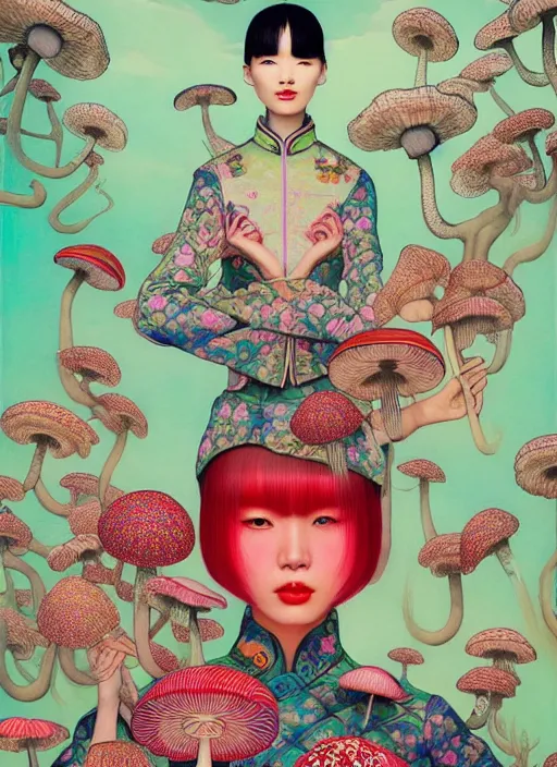 Image similar to pretty chinese model with hallucination mushroom : : by martine johanna and simon stalenhag and chie yoshii and casey weldon and wlop : : ornate, dynamic, particulate, rich colors, intricate, elegant, highly detailed, vogue, harper's bazaar art, fashion magazine, smooth, sharp focus,