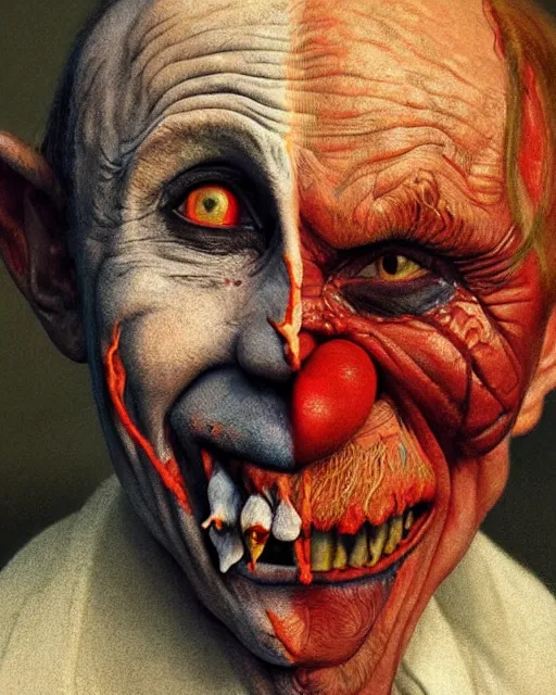Image similar to photorealistic portrait photograph of vladimir putin as an old pathetic goblinoid demon clown, kobold, upper body, fantasy, bloody, depth of field, soft focus, highly detailed, intricate, realistic, national geographic cover, soft glow, textured, artstation, sharp focus, illustration, art by artgerm and greg rutkowski and alphonse mucha