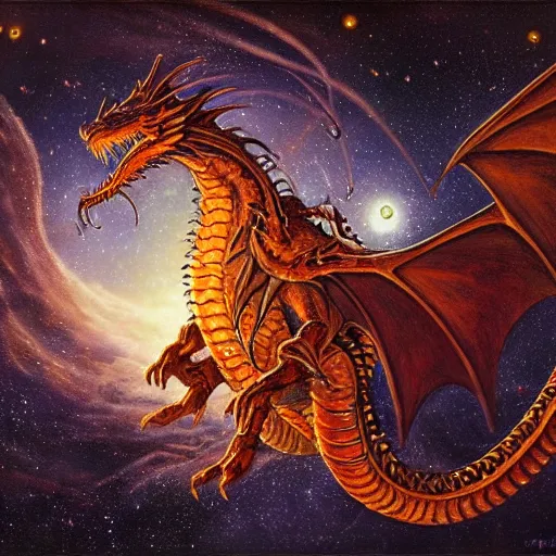 Prompt: A beautiful conceptual art of a dragon in space by Justin Gerard. The dragon is in the foreground with its mouth open, revealing rows of sharp teeth. Its body is coiled and ready to strike, and its tail is wrapped around a star in the background. The colors are bright and the background is full of stars and galaxies. The overall effect is one of chaotic energy and movement. stonepunk, catholicpunk by Anders Zorn ornate