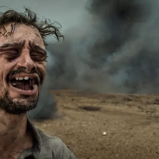 Image similar to the world is burning and just a man was alive crying in the middle hd detailled