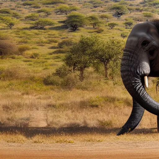 Prompt: a highly detailed panoramic photo by annie leibowitz of a trunkless elephant in the distance. 8 k, super resolution