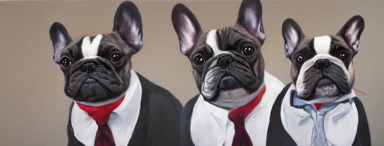 Image similar to oil painting of a french bulldog wearing businessman attire