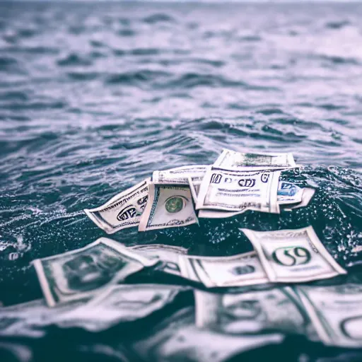 Image similar to a picture of a wet pile of money, in the ocean, there is rain