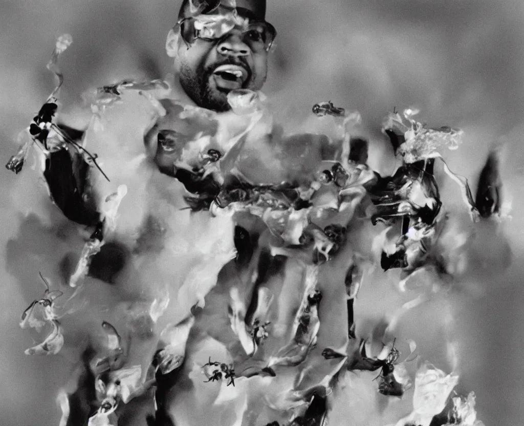 Image similar to Ice cube with arms and hair, ants and flames, 1980 product photo