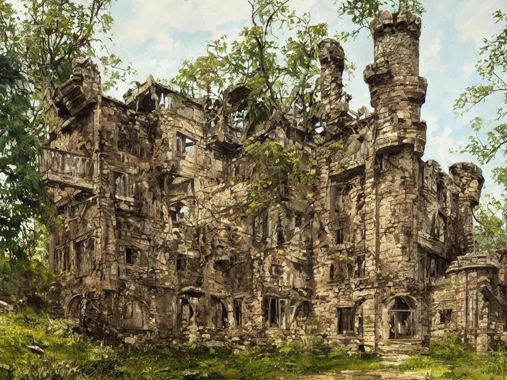 Image similar to A beautiful painting of a dilapidated ancient castle building in the wood, by Coby Whitmore, Trending on artstation, very detailed
