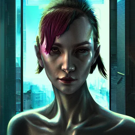 Prompt: portrait of cyberpunk woman looking out of a window, cyberpunk setting, futuristic, highly detailed, intricate lighting, digital painting, sharp focus, illustration, trending on artstation, art by steve argyle.