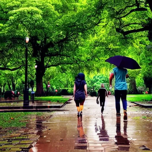 Prompt: : walking through a park after it rained