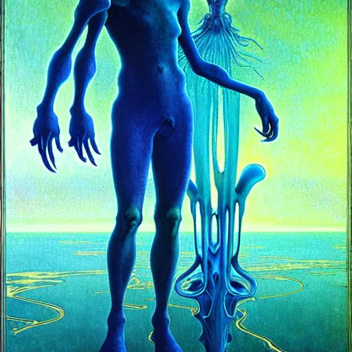 Image similar to realistic extremely detailed portrait painting of a ghost silhouette, futuristic sci-fi landscape on background by Jean Delville, Amano, Yves Tanguy, Alphonse Mucha, Ernst Haeckel, Edward Robert Hughes, Roger Dean, rich moody colours, blue eyes