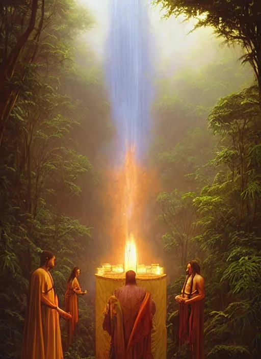 Prompt: a shamanic ceremony in the jungle, invoking spirits floating in the air, matte painting, art by christophe vacher