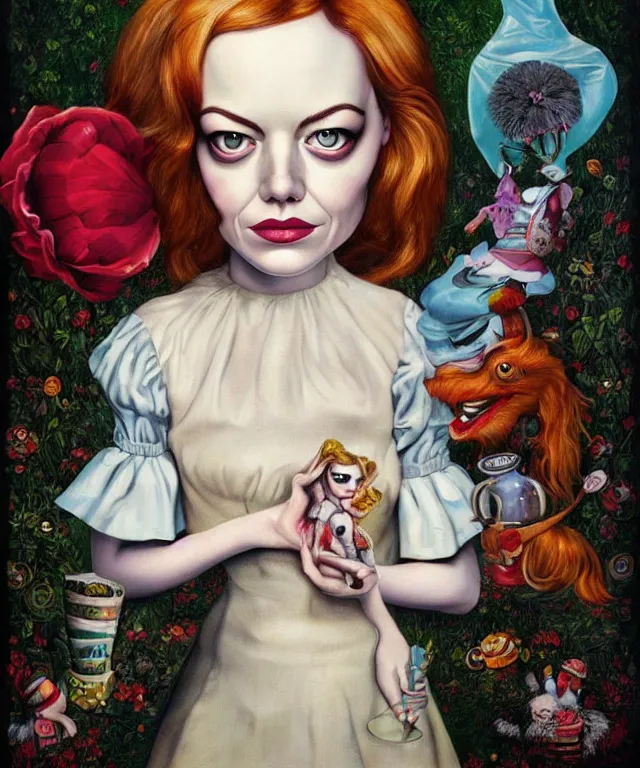 Image similar to portrait of Emma Stone in wonderland, lowbrow painting by Mark Ryden