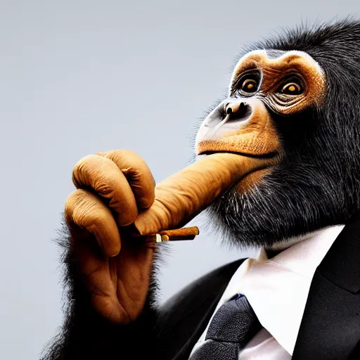 Image similar to a high detail closeup shot of a chimp wearing a suit, smoking a cigar