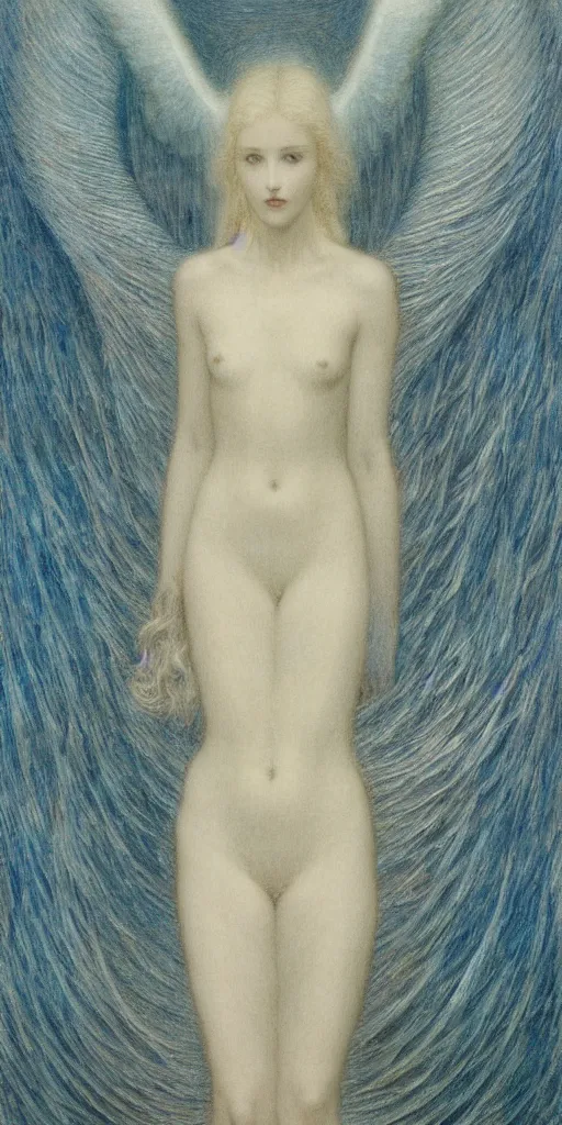 Image similar to Say who is this with silver hair so pale and Wan and thin? Beautiful lone single feminine angel in the style of Jean Delville, Lucien Lévy-Dhurmer, Fernand Keller, Fernand Khnopff, oil on canvas, 1896, 4K resolution, aesthetic, mystery