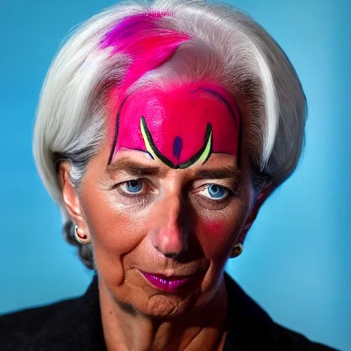 Prompt: Christine Lagarde with colorful clown makeup all over her face