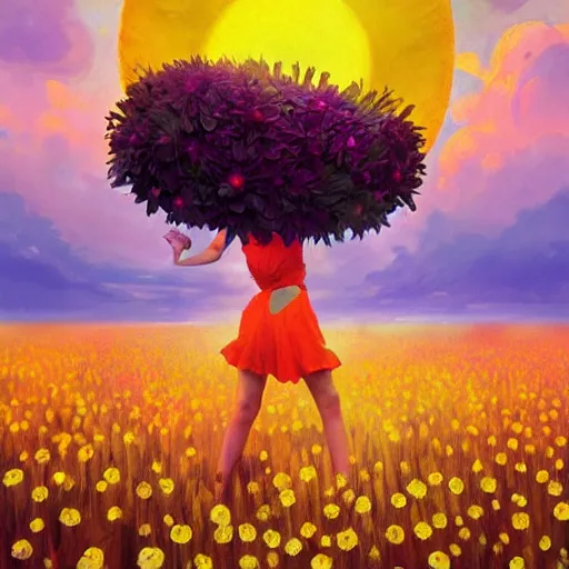 Image similar to giant daisy flower as head, girl dancing in a flower field, surreal photography, sunrise, dramatic light, impressionist painting, colorful clouds, digital painting, artstation, simon stalenhag