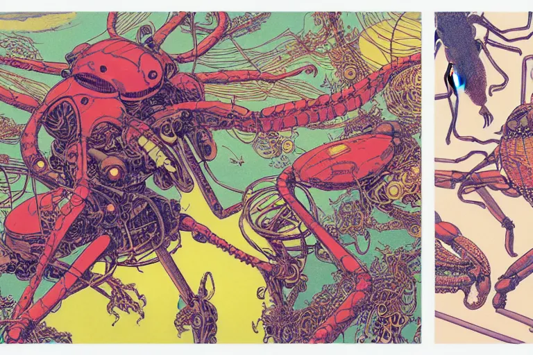 Image similar to risograph grainy drawing vintage sci - fi, satoshi kon color palette, gigantic fat mantis full - body covered with robot parts and wires, with lot tentacles, insects and dragonflies around, painting by moebius and satoshi kon and dirk dzimirsky close - up portrait