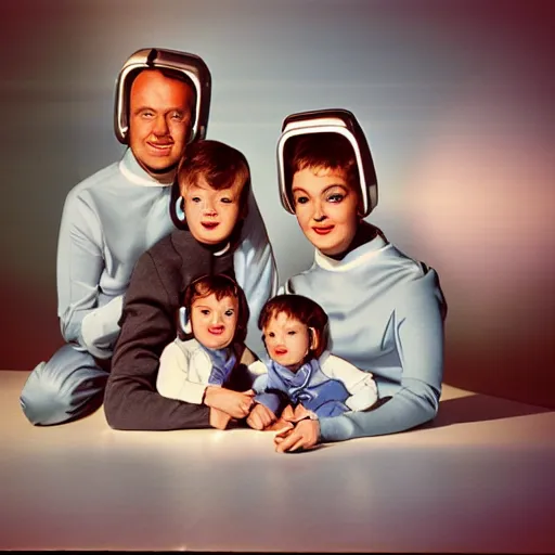 Prompt: family portrait from the 1960s. The family is sitting in a futuristic shiny home. They're wearing space helmets. The glass is reflecting the light, Cooke anamorphic, Kodak film, space age pop, cinematic soft lighting, f/1.8 , 50mm, ISO 1000, bokeh. Masterpiece, award winning photography