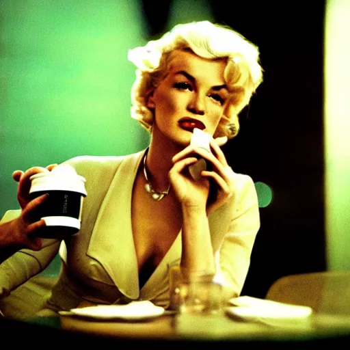 Prompt: a close - up, color cinema film still of a marlin monroe drinking coffee at a starbucks, ambient lighting at night, from matrix ( 1 9 9 9 ).