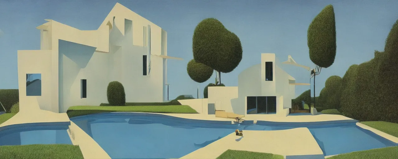 Image similar to contemporary house with pool in the front, full height windows, concept art, surrealist, rene magritte