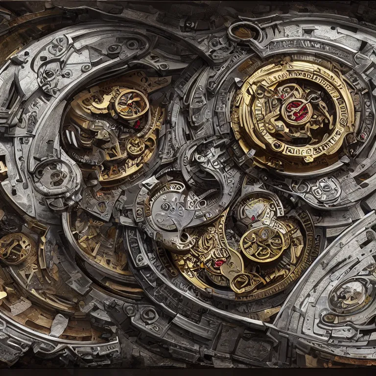 Prompt: fine art painting of the inner workings of a complex timepiece, artstation, cgsociety, very detailed, intricate, detailed illustration