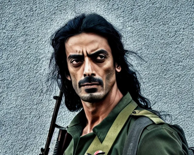 Image similar to a photo of arjun rampal as a soldier of israel, hyper realistic face, beautiful eyes, cinematic, long shot, hyper detailed, 8 5 mm photograph, 8 k resolution, film still, sharp lens, wide lens