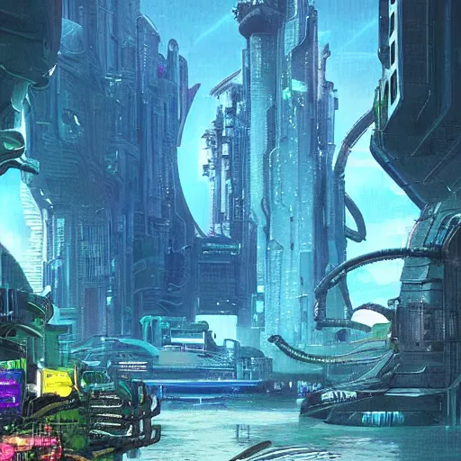 Image similar to Cyberpunk Atlantis. Underwater city