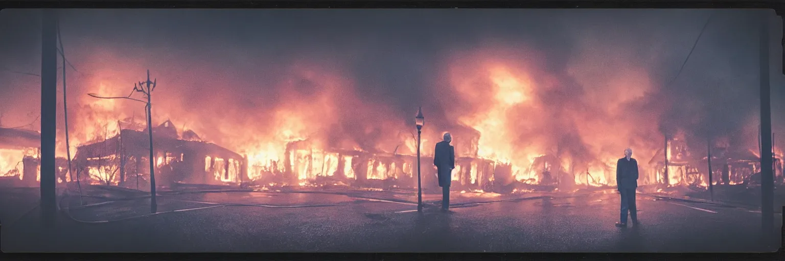 Image similar to detailed medium format photo, polaroid still from a scandinavian movie, sleazy man watching night streets while a single house burns in the background, haze, high production value, intricate details, 8 k resolution, hyperrealistic, hdr, photorealistic, high definition, tehnicolor, award - winning photography, masterpiece, amazing colors